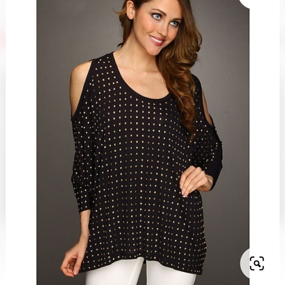 MICHAEL Michael Kors Navy Gold Studded Cold Shoulder Top